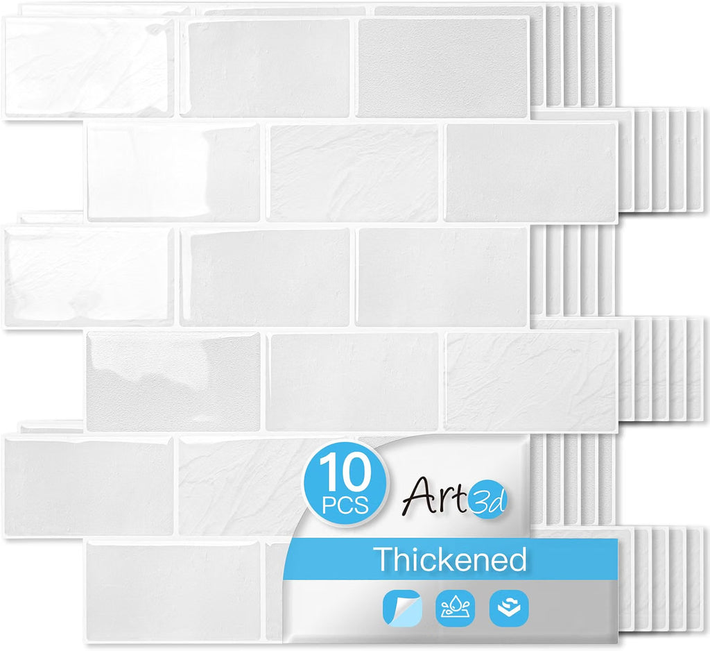 Art3d 10-Pack Subway Tiles Peel and Stick Backsplash, White, 12 x 12 Inch