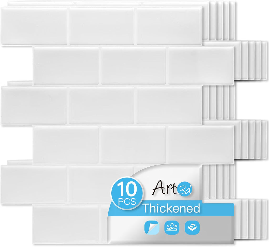 Art3d 10-Pack Subway Tiles Peel and Stick Backsplash, White, 12 x 12 Inch