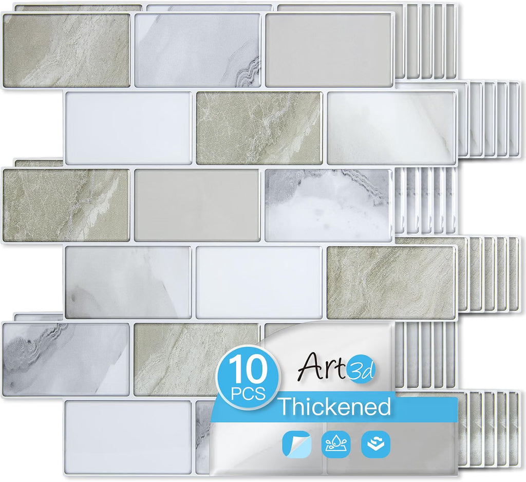 Art3d 10-Pack Subway Tiles Peel and Stick Backsplash, White, 12 x 12 Inch