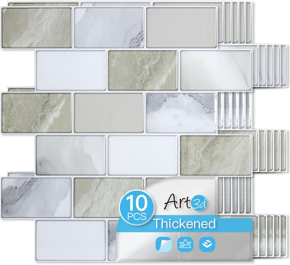 Art3d 10-Pack Subway Tiles Peel and Stick Backsplash, White, 12 x 12 Inch